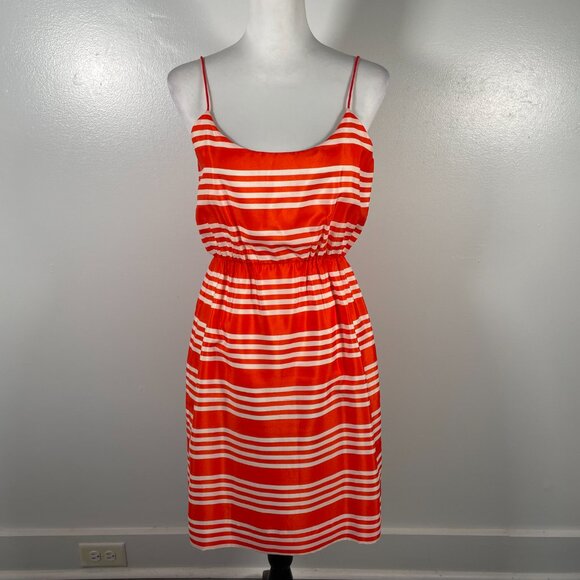 J Crew Orange White Striped Scoop Neck Sleeveless Elastic Waist Dress Size 4 - Picture 2 of 16